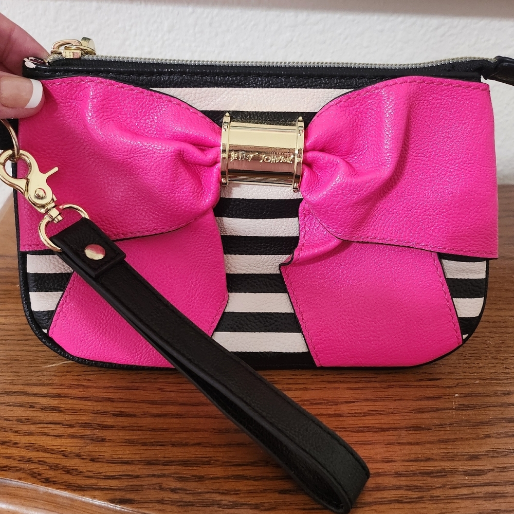 Betsey Johnson Pink and Black Striped Wristlet